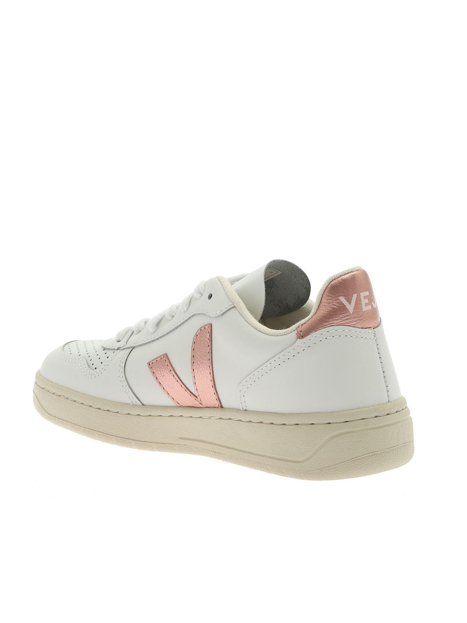 Veja Leather V-10 Sneakers In White And Pink - Lyst