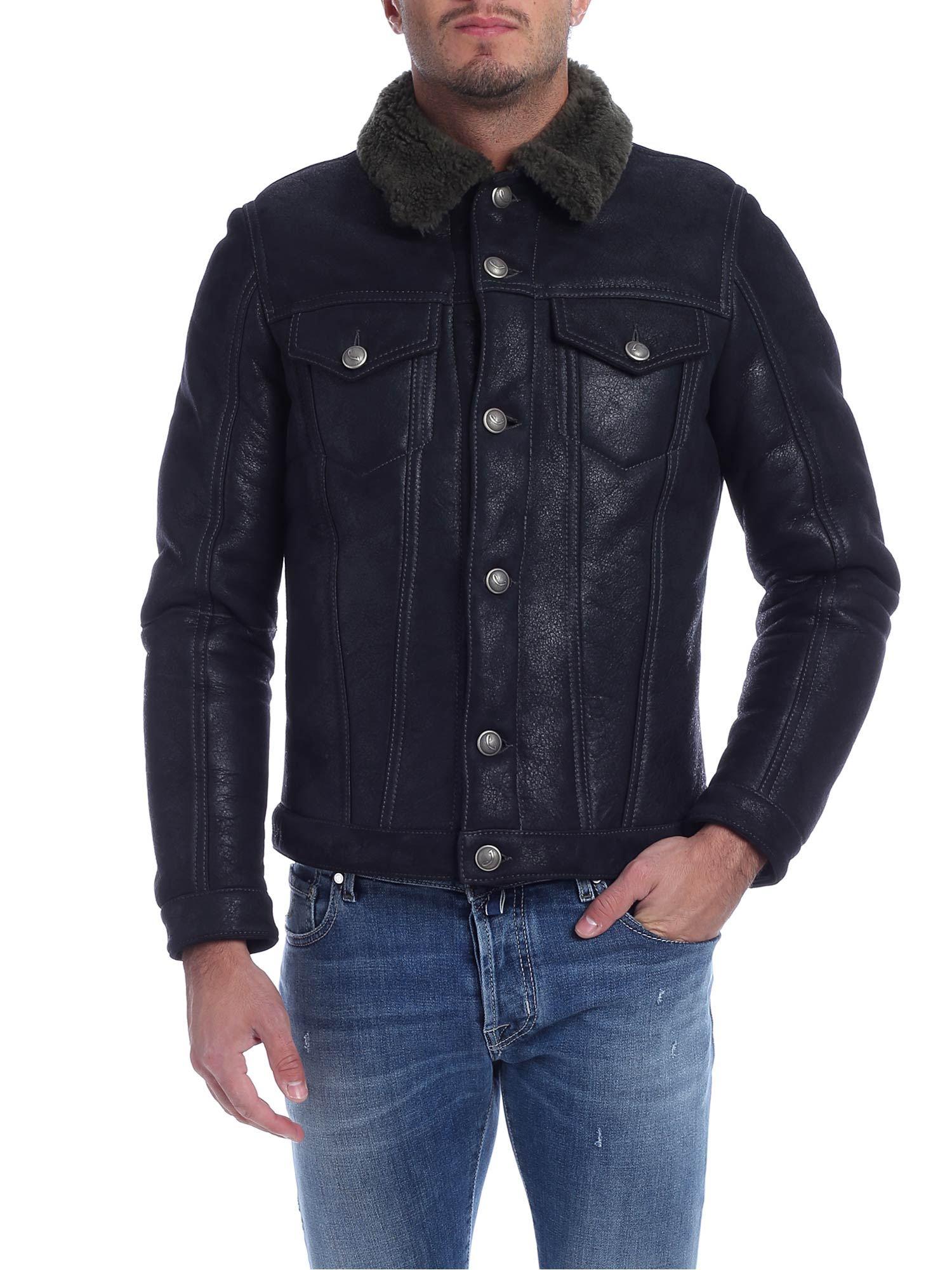 Jacob Cohen Leather Green Collar Jacket In Black for Men - Lyst