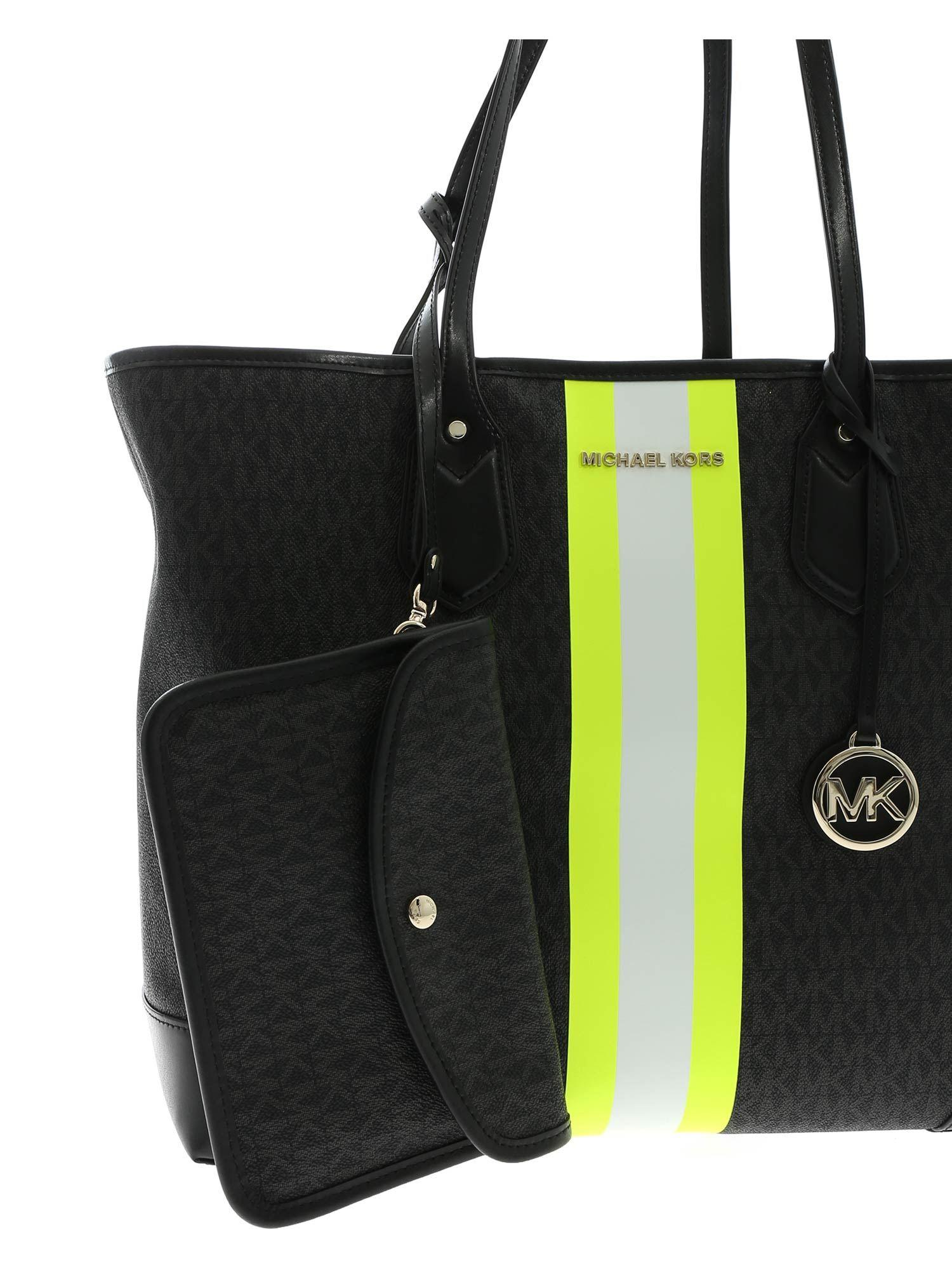 Michael Kors Leather Lg Tote Eva Bag In Black And Neon Yellow - Lyst