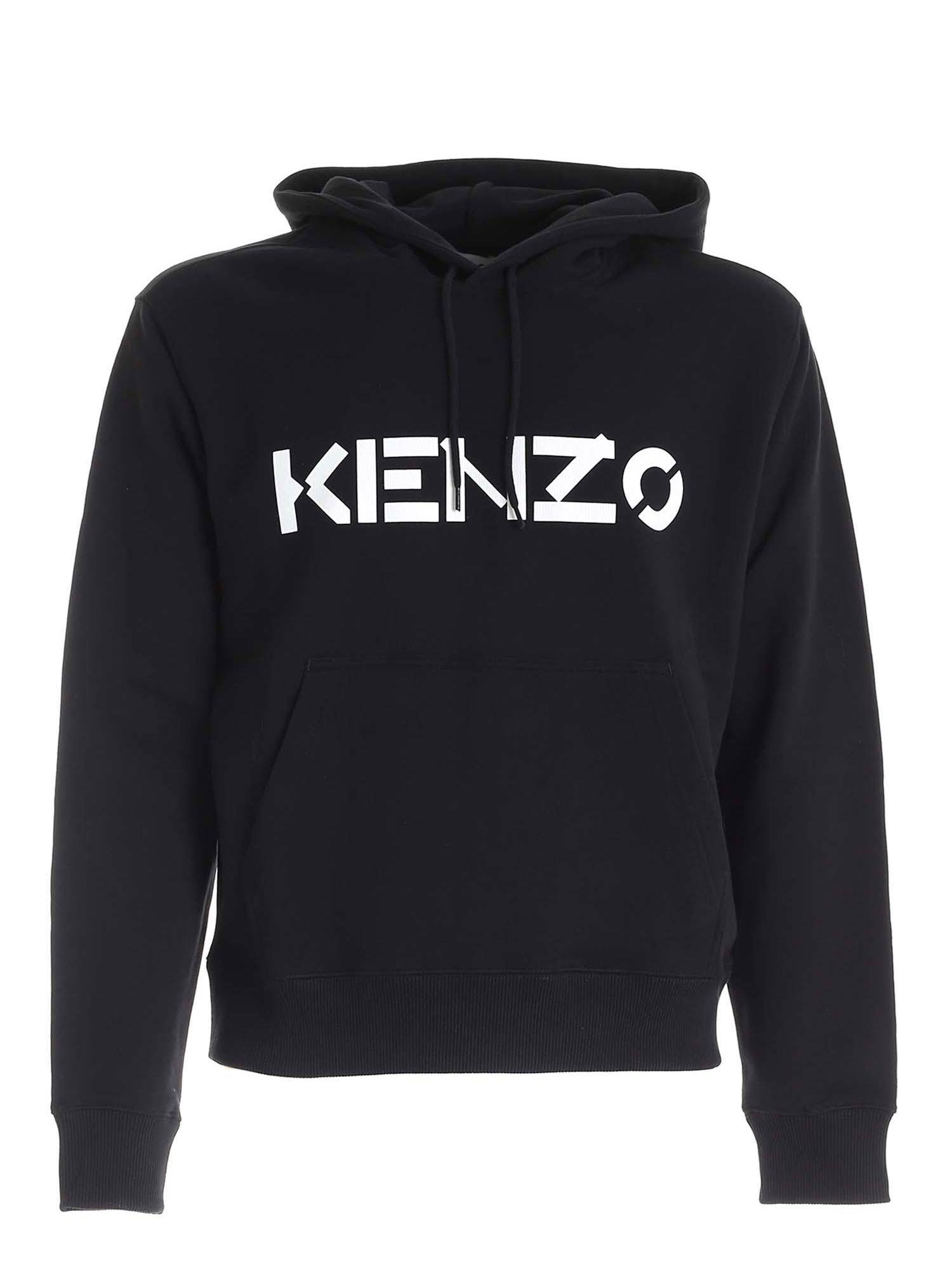KENZO Cotton Hoodie With Logo Print in Black for Men - Lyst