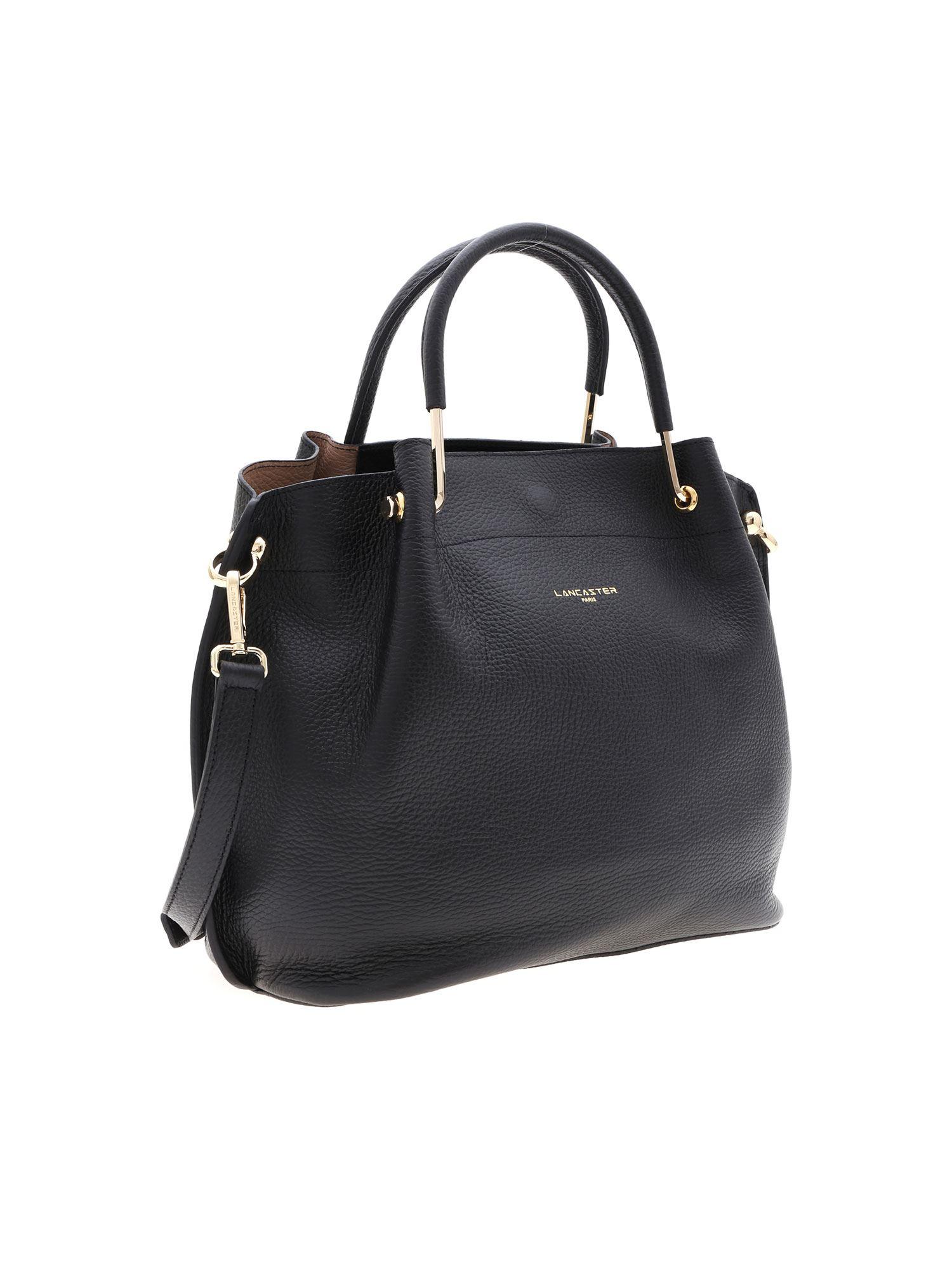 Lancaster Paris Leather Black Shoulder Bag With Golden Laminated Logo - Lyst