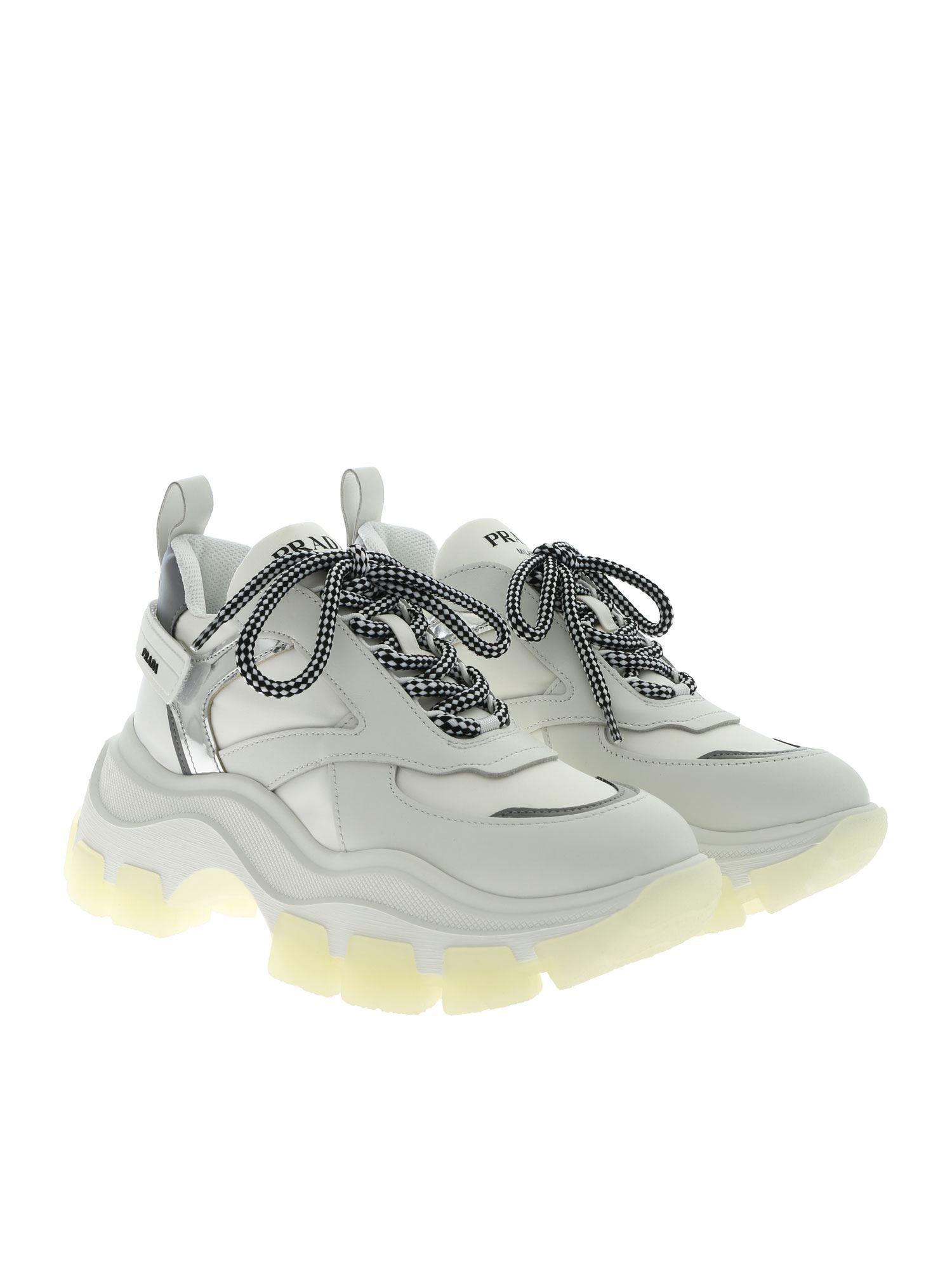 Prada Leather Block Sneakers In White And Silver - Lyst