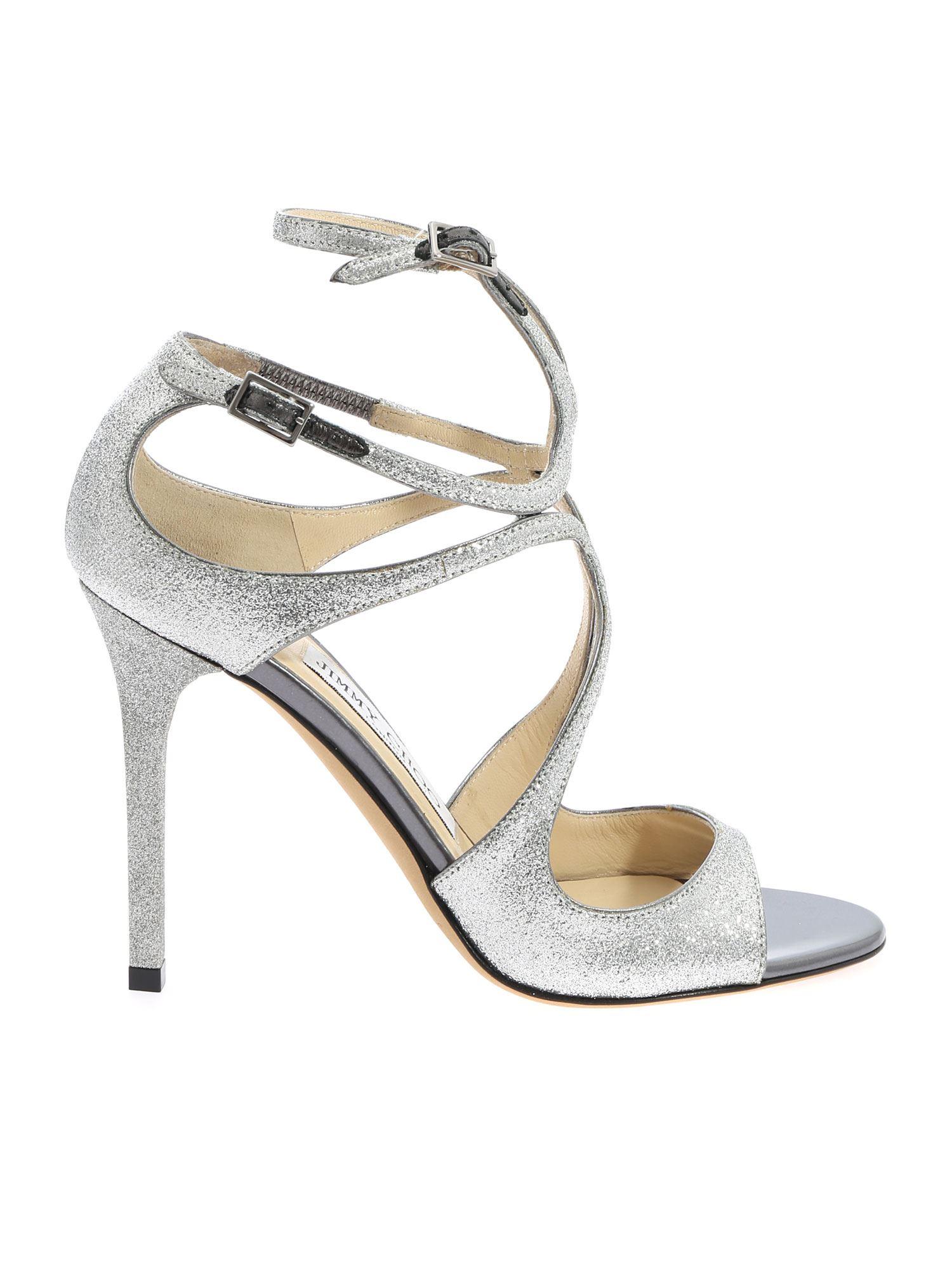 Jimmy Choo Leather Silver Glittered Lang Sandals in Metallic - Lyst