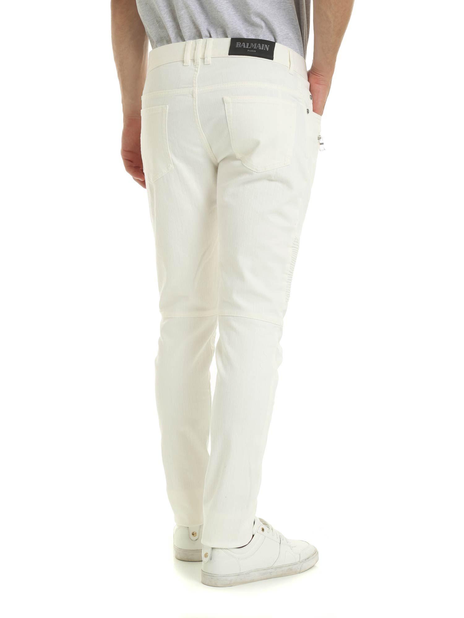 Balmain Denim Slim-fit Jeans In Cream-color With Zip in Natural for Men ...