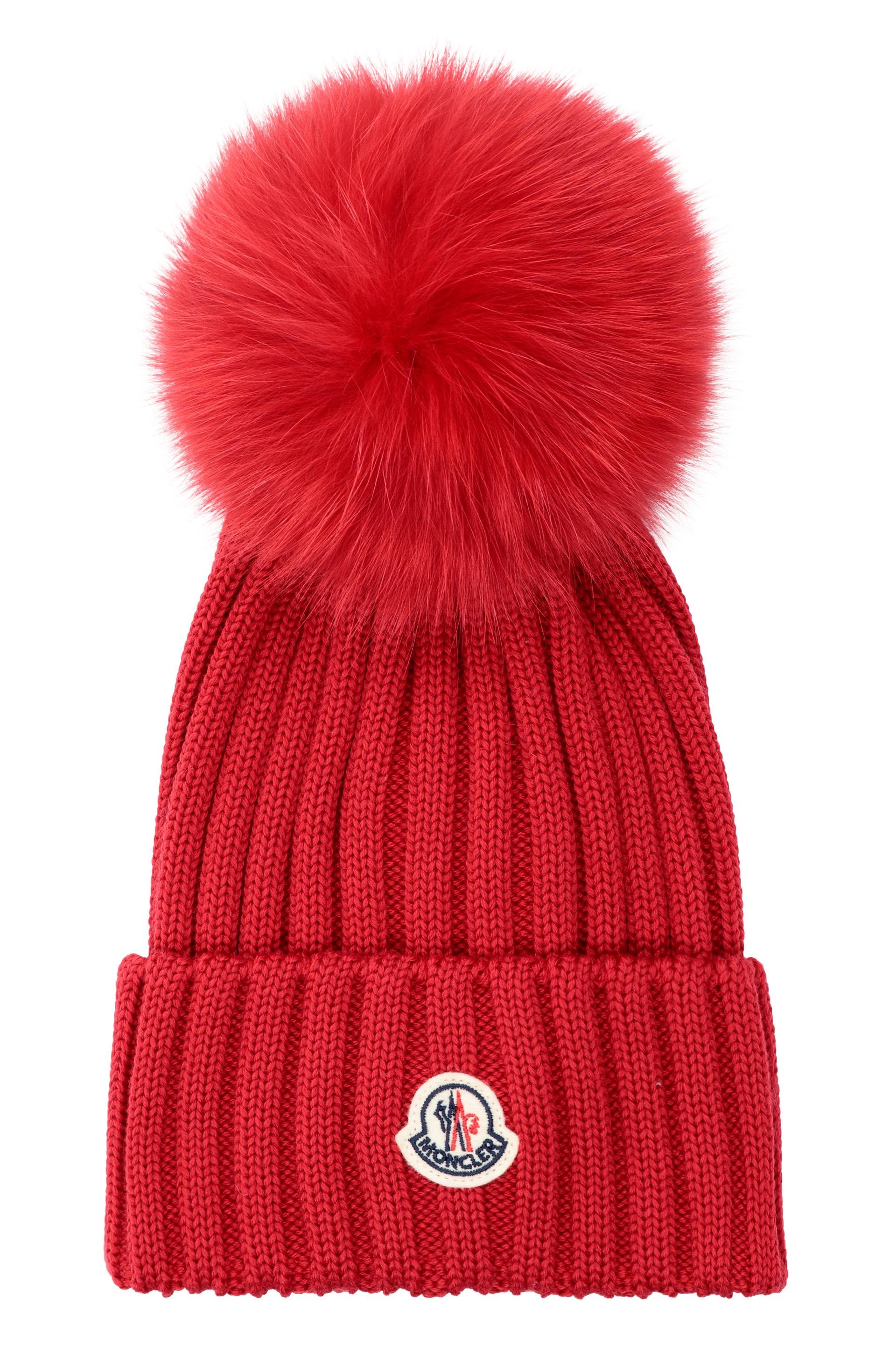 Moncler Fur Pom-pom Logo Knit Beanie in Red | Lyst