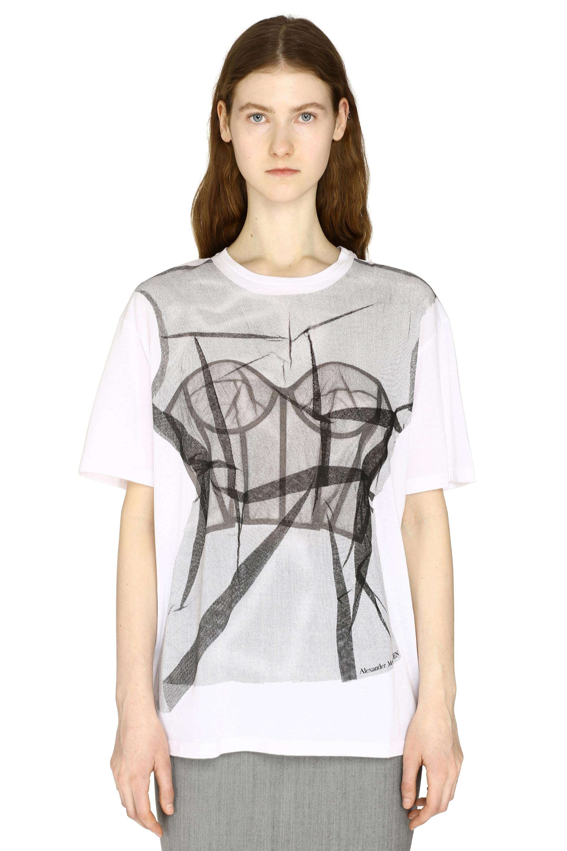 Alexander McQueen Tulle Printed Cotton T-shirt in White - Lyst