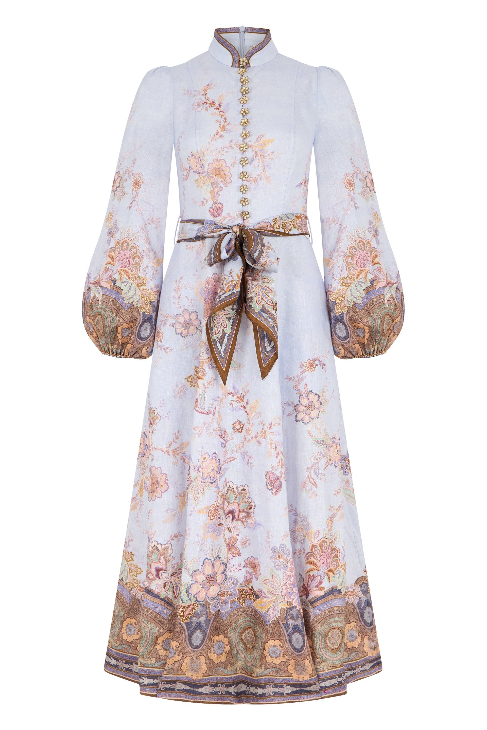 knee length dresses for ladies Zimmermann Aliane Billow Long Dress Khaki Floral Khf