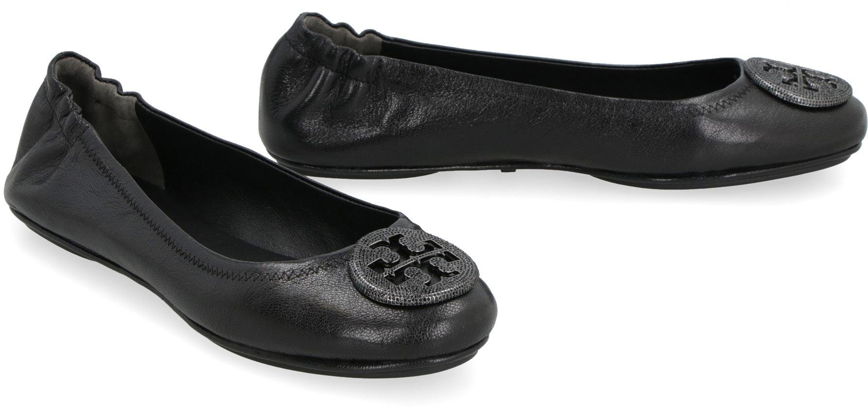Tory Burch Minnie Leather Ballet Flats With Logo in Black | Lyst UK