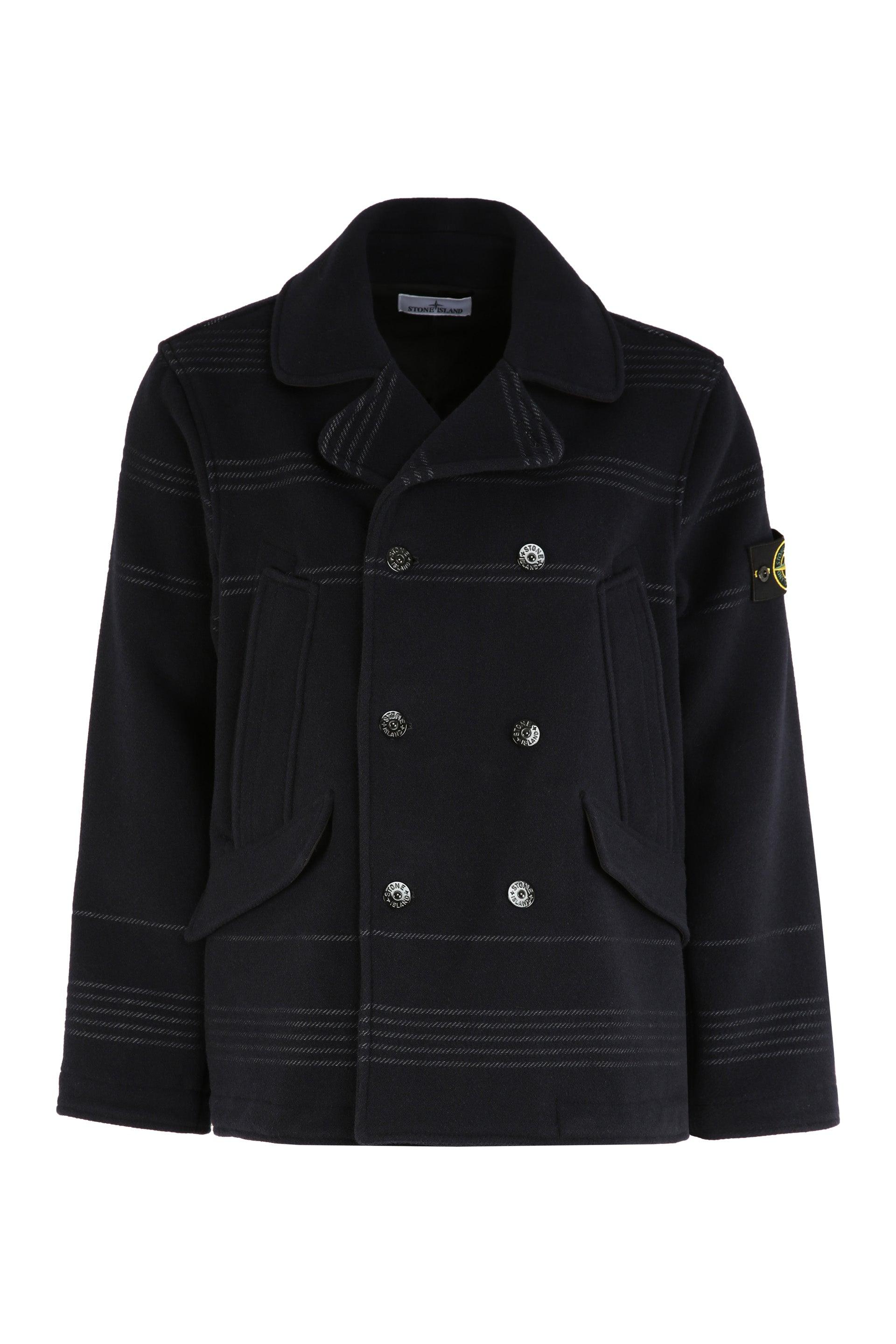 Stone Island Wool Blend Double-breasted Coat in Black for Men | Lyst