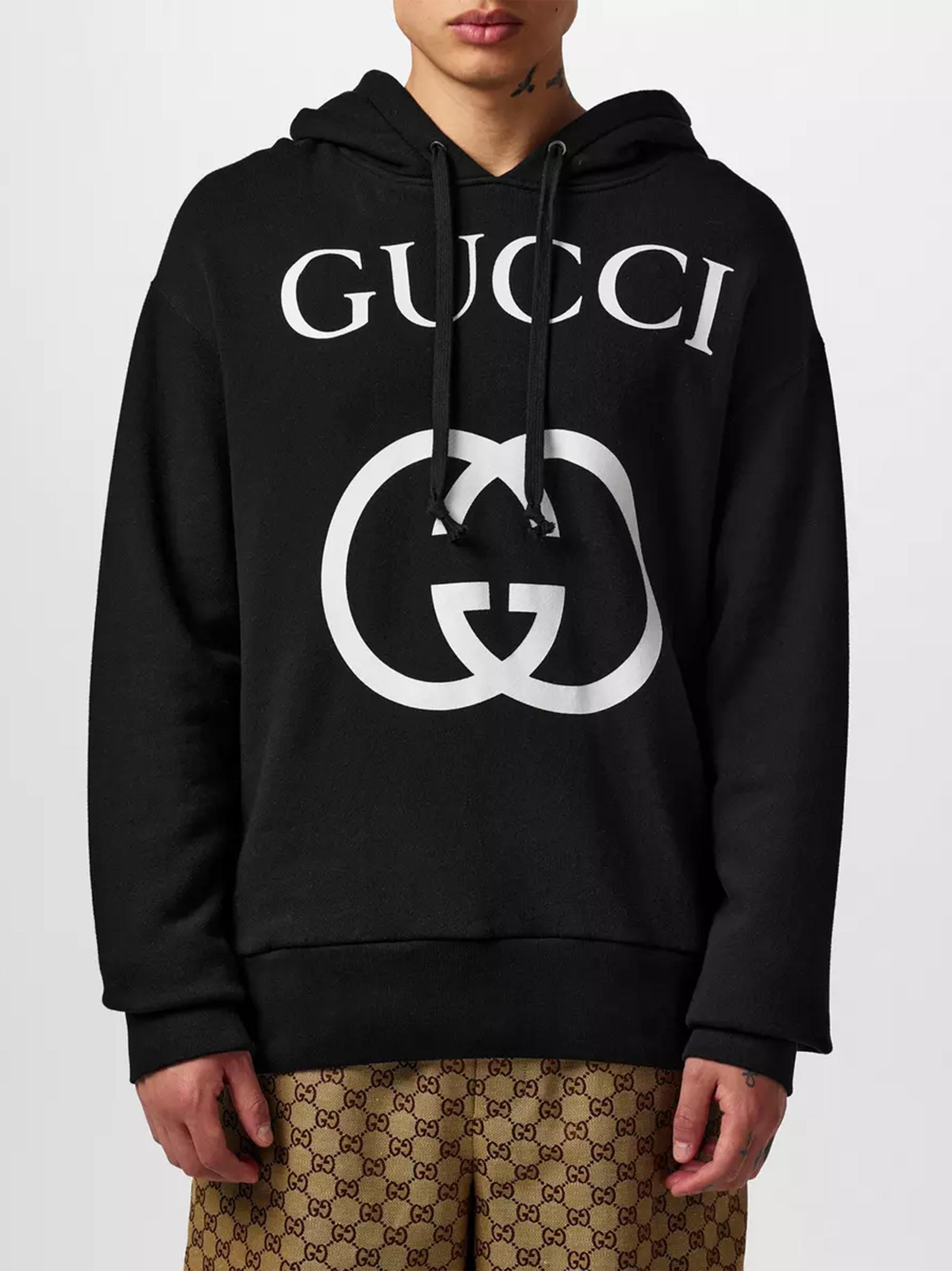 Gucci Interlocking Gg Logo Printed Hoodie in Black for Men | Lyst