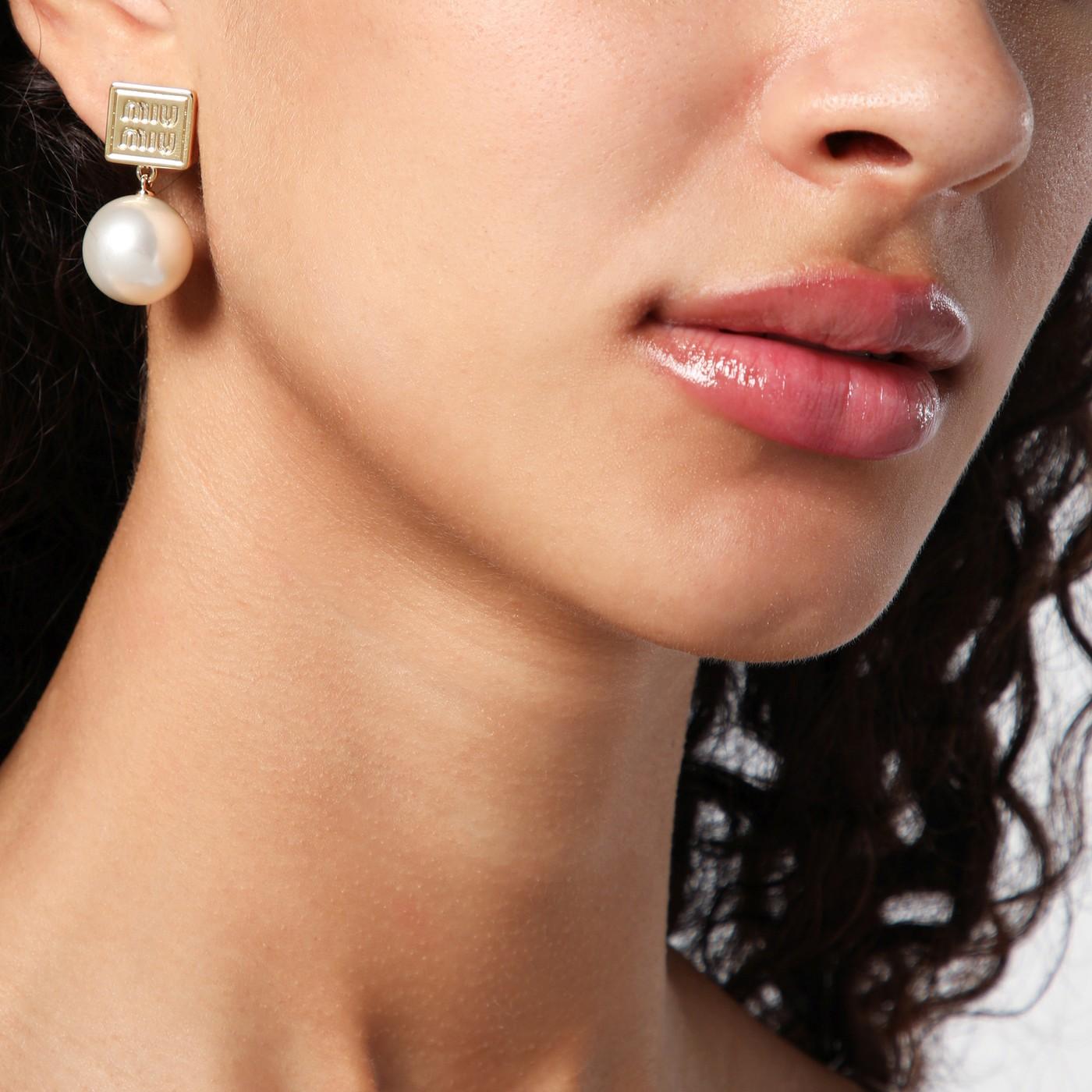 Miu Miu Pearl Embellished Logo Stud Earrings in White Lyst UK
