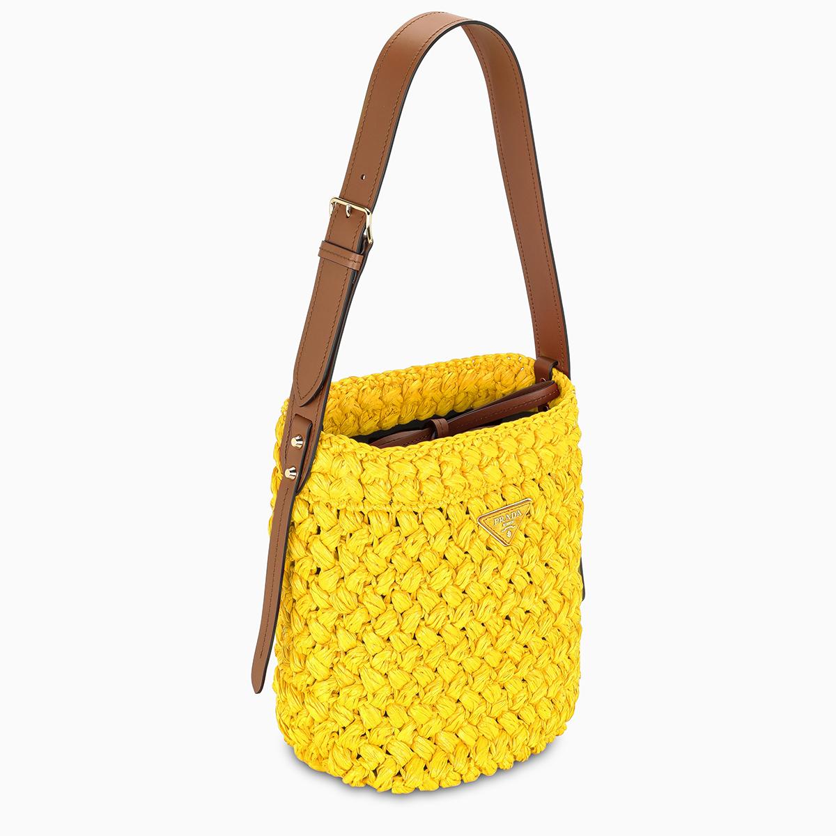 Prada Leather Yellow Raffia Bucket Bag | Lyst