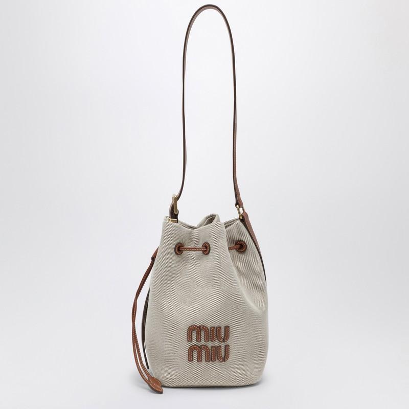 Secchiello piccolo beige/brandy in canvas e pelle di Miu Miu