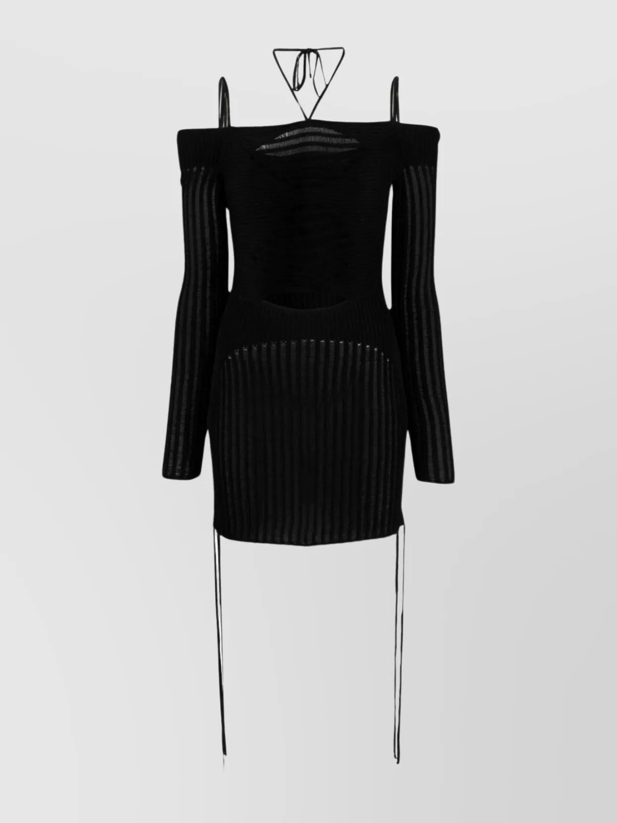 Black Strappy Front Cut Out Ribbed Mini Dress - Riata
