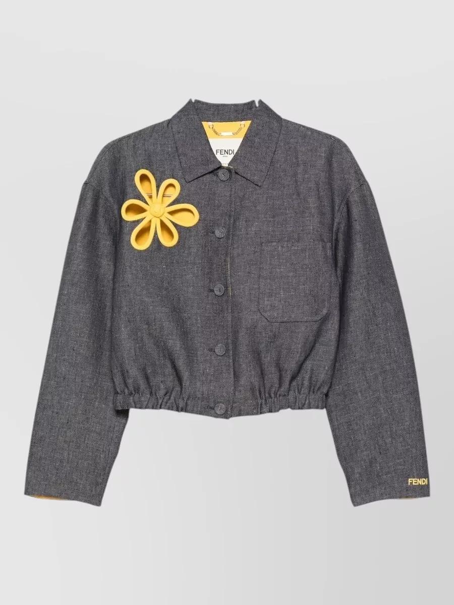 Fendi Denim Jacket Floral Applique Elasticated Hem Pocket in Gray