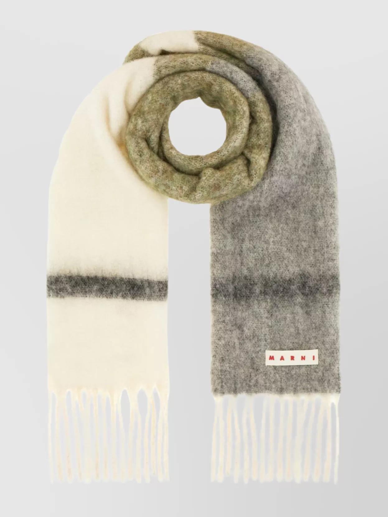【MARNI】Color Block Long Wool-Alpaca Blend Fringe Muffler Black alpaca scarf | Marni