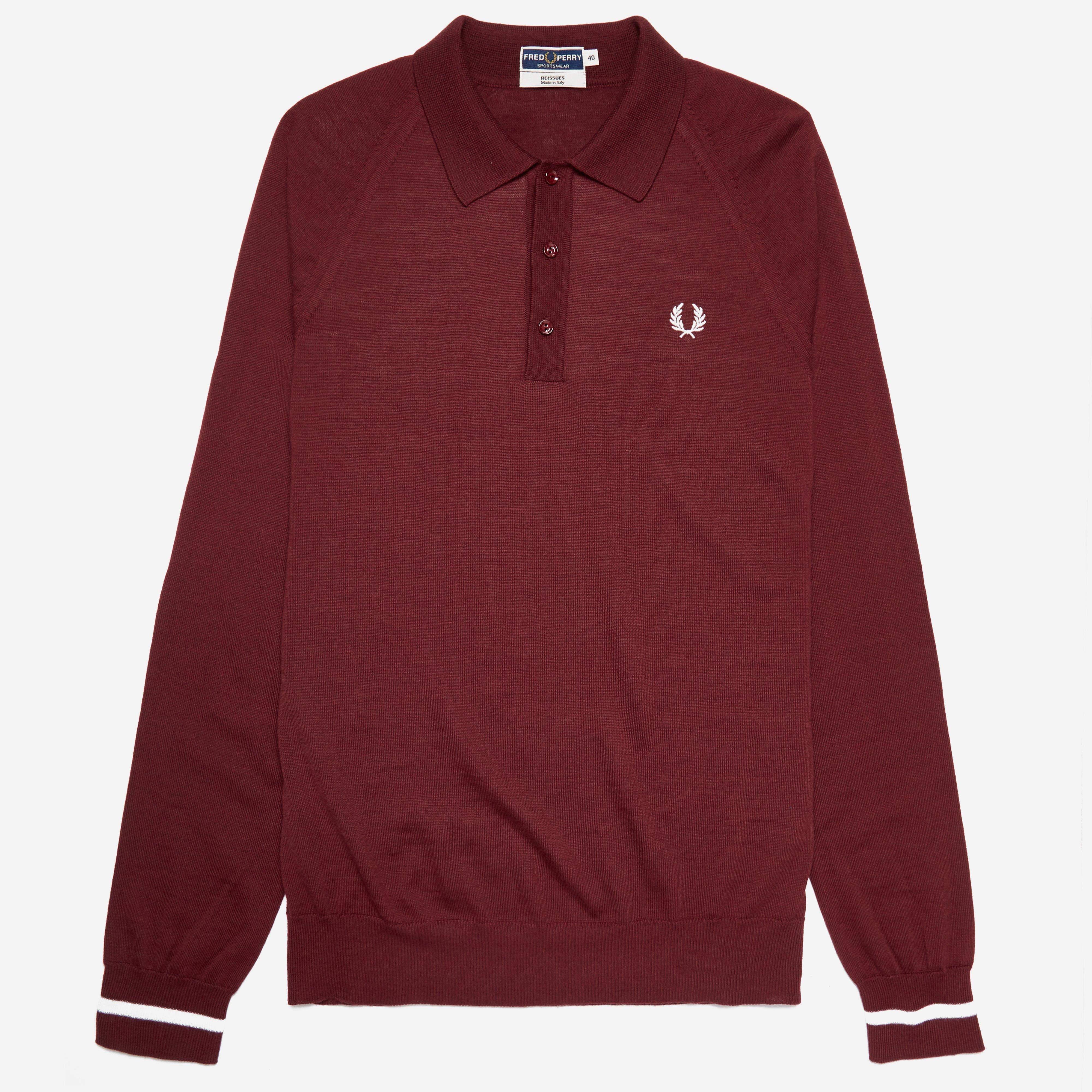 Fred Perry Long Sleeve Tipped Knitted Polo in Burgundy (Red) for Men - Lyst