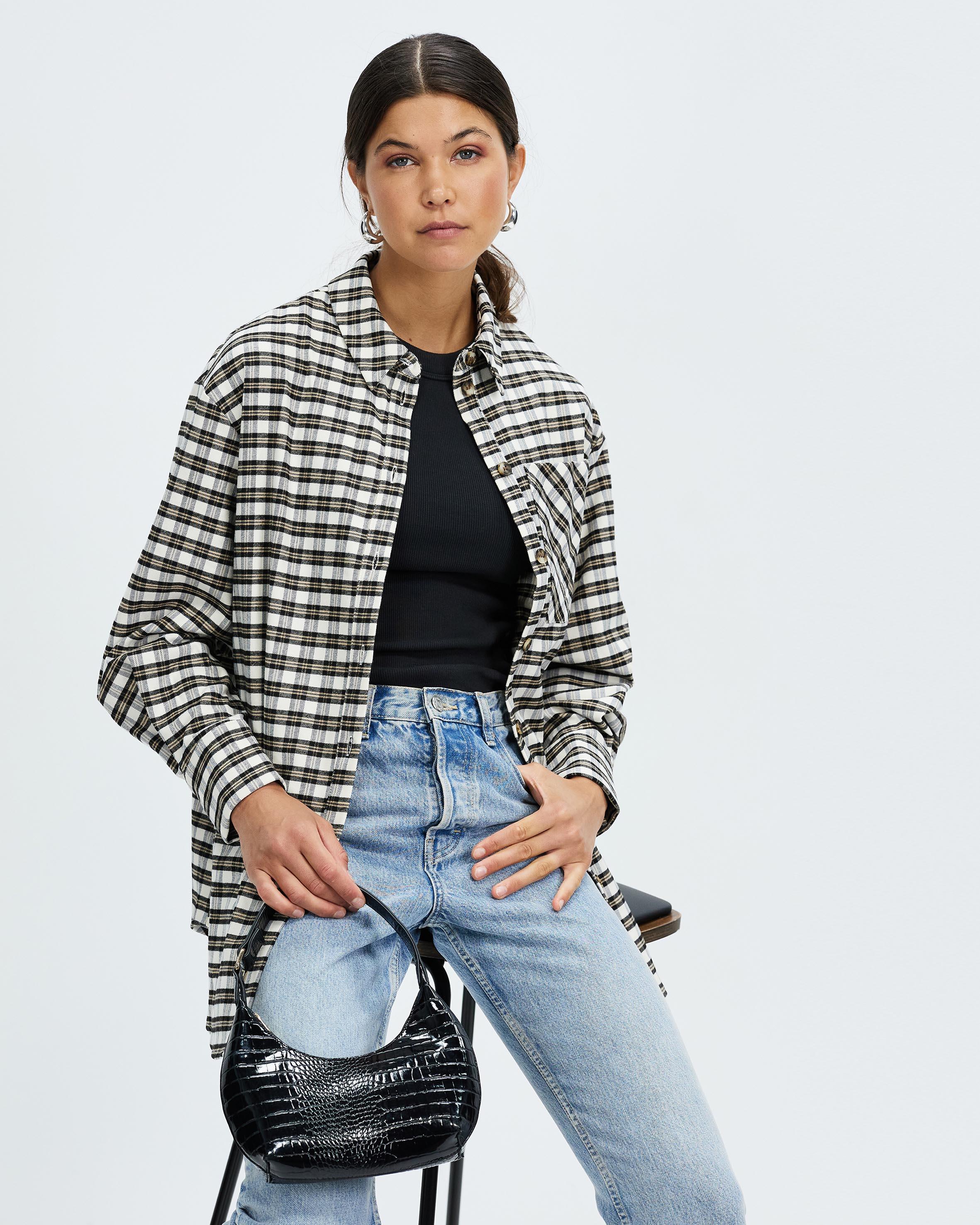 TOPSHOP Denim Check Oversized Shirt 
