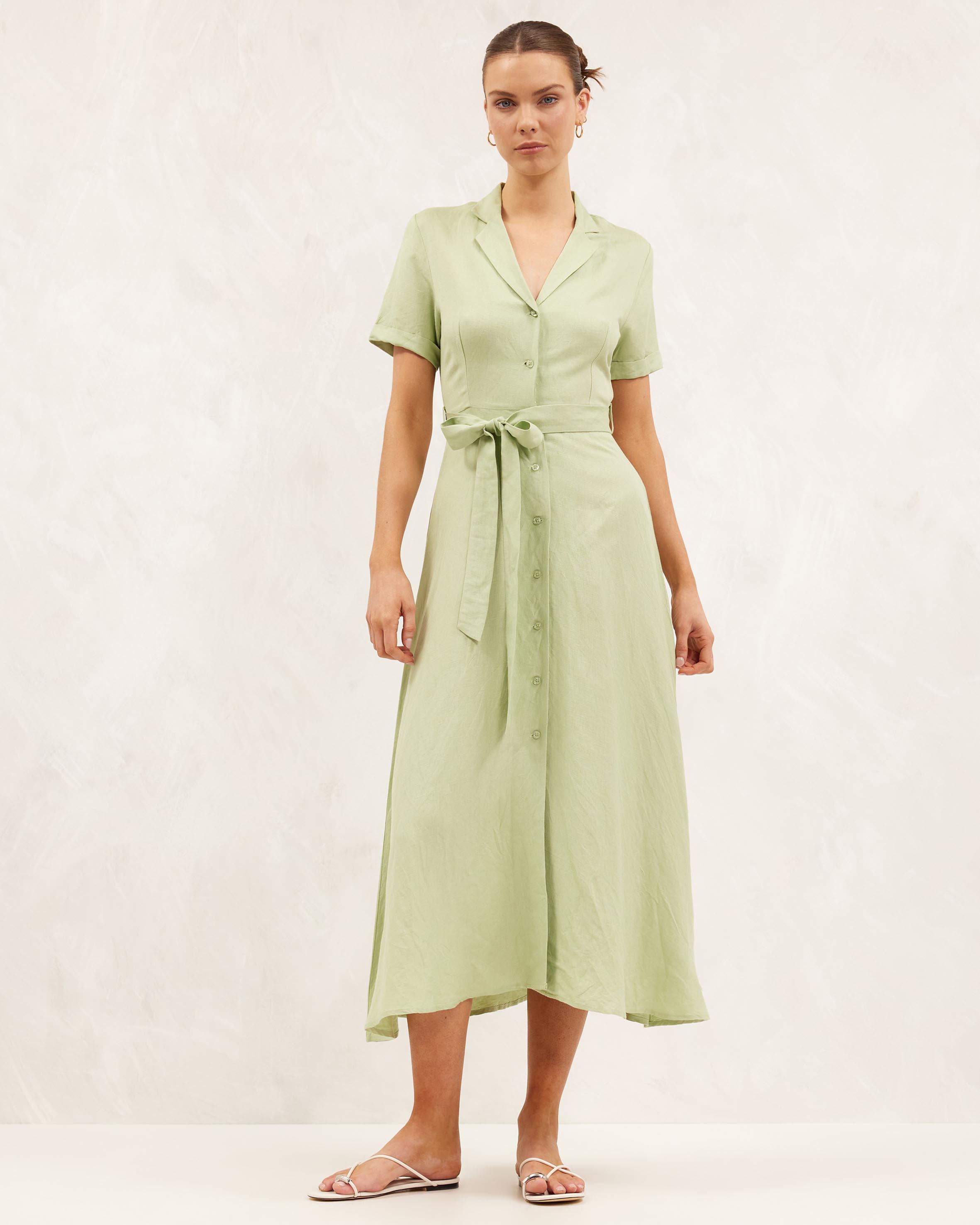 AERE Premium Linen Blend Camp Collar Shirt Dress in Green Lyst Australia