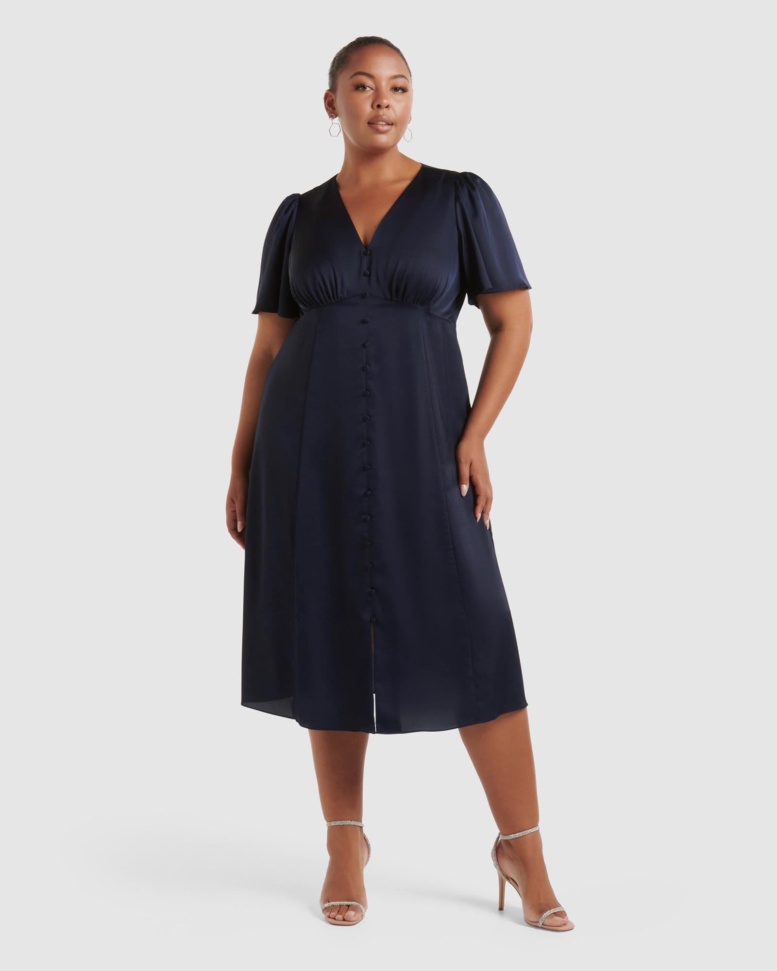 Forever New Curve Cameron Curve Satin Button Midi Dress in Blue | Lyst ...