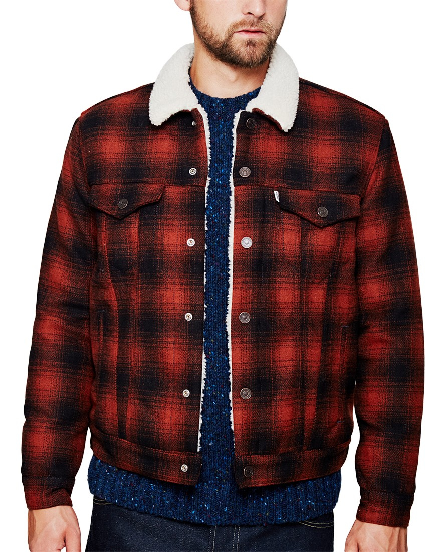 Levi's Type 3 Sherpa Trucker Jacket Red Plaid in Red for Men | Lyst