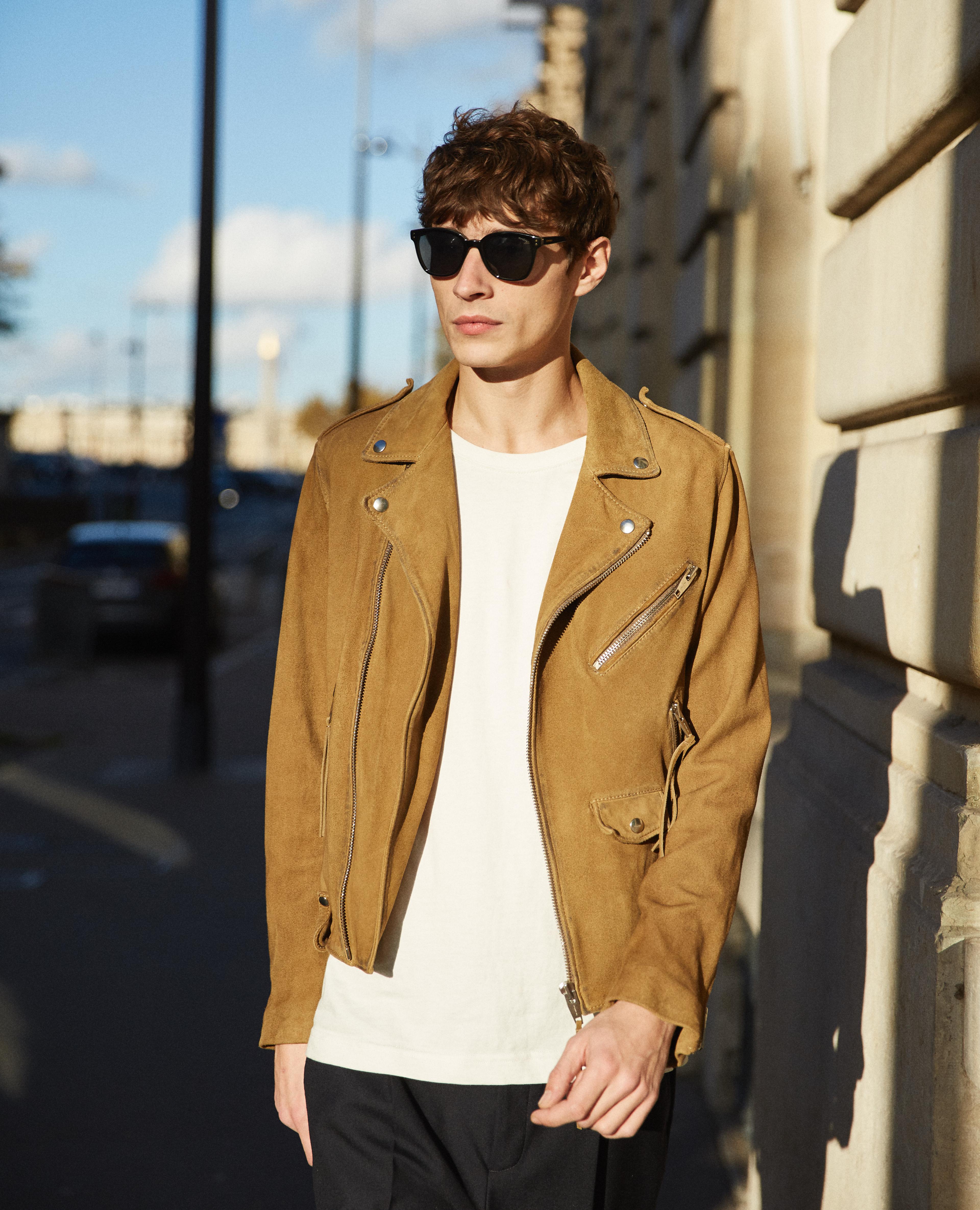 The Kooples Beige Suede Biker Jacket With Patina Effect in Natural for Men - Lyst