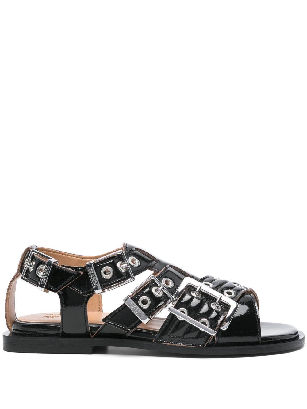 シューズ・サンダルその他 GANNI Woman Flat sandals Black S2408 099 Black Black Feminine Buckle Two-Strap Sandals | GANNI US