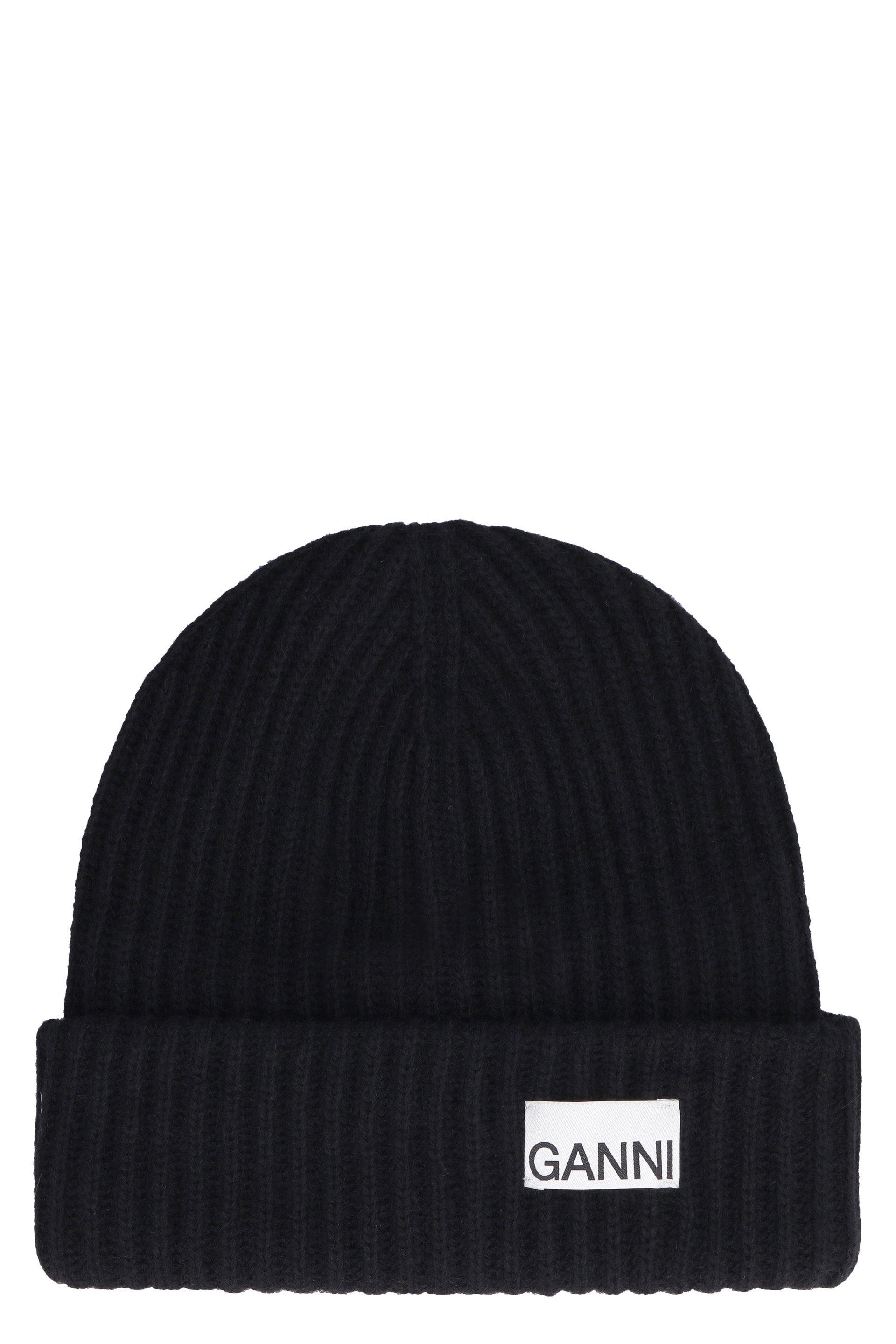 Ganni Wool Ribbed Knit Beanie in Black 