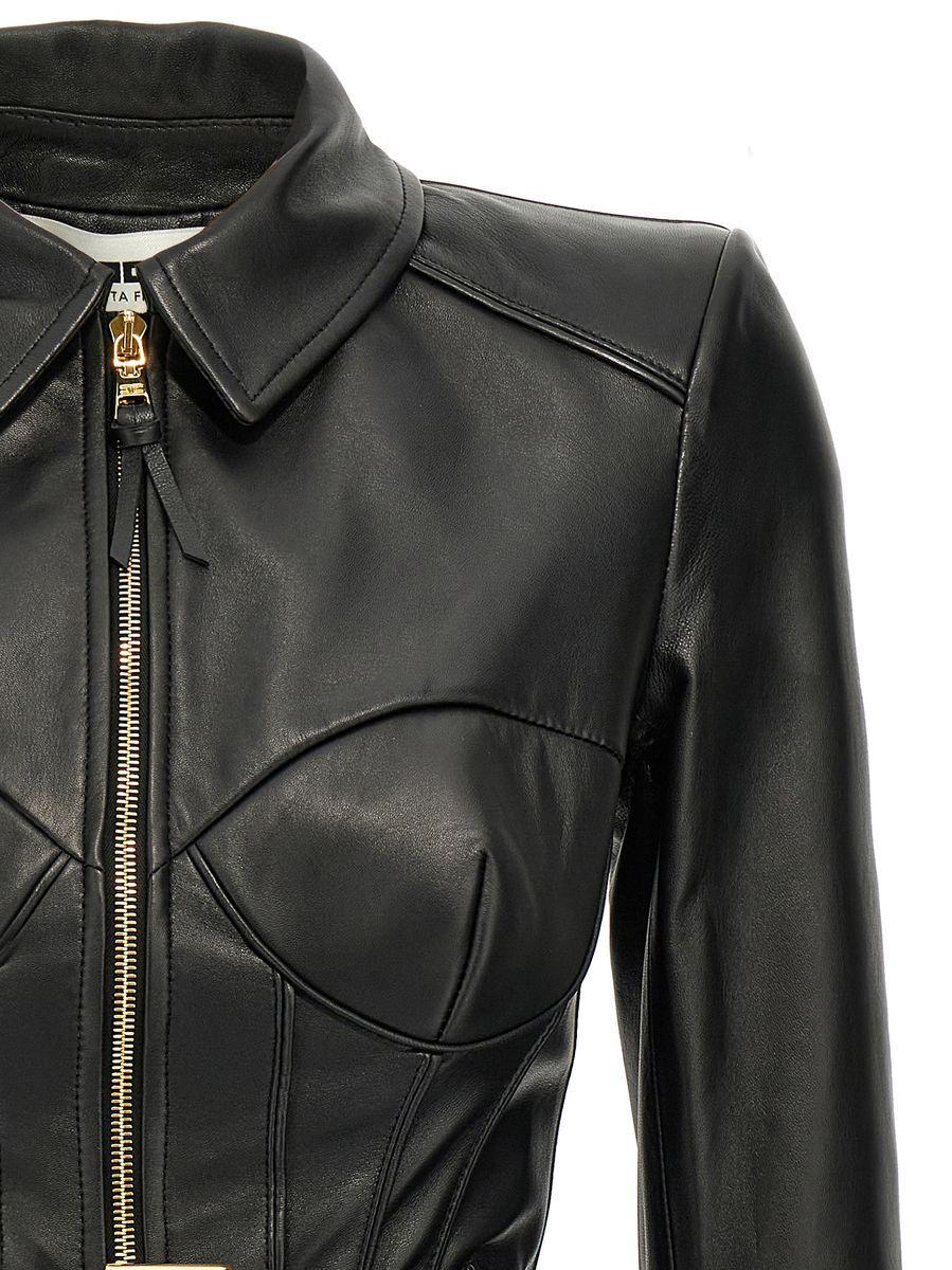Elisabetta Franchi Leather Belted Jacket in Black | Lyst