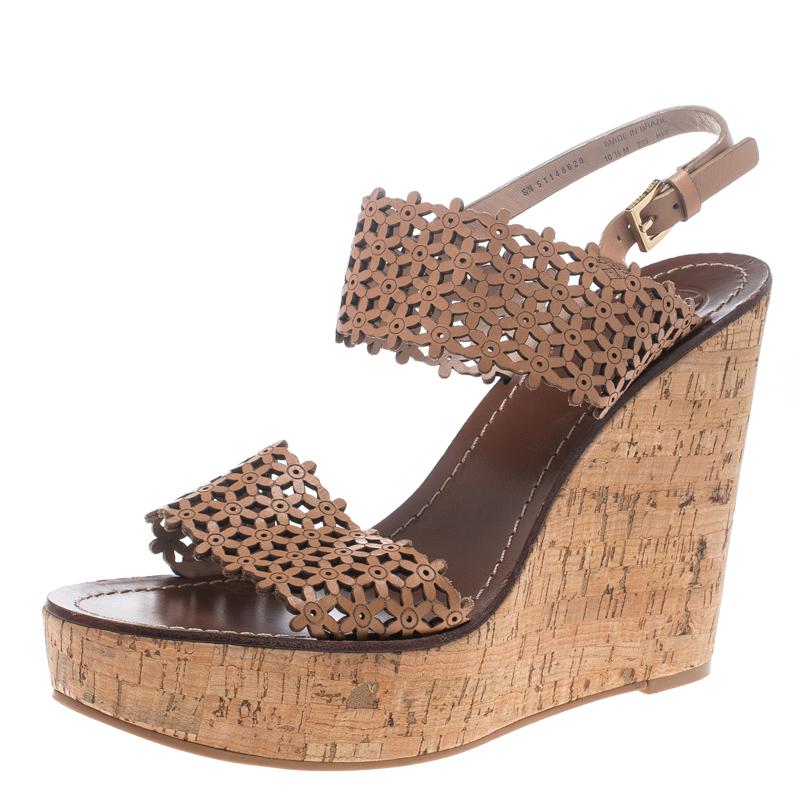 Tory Burch Beige Perforated Leather Daisy Cork Wedge Sandals Size 40.5