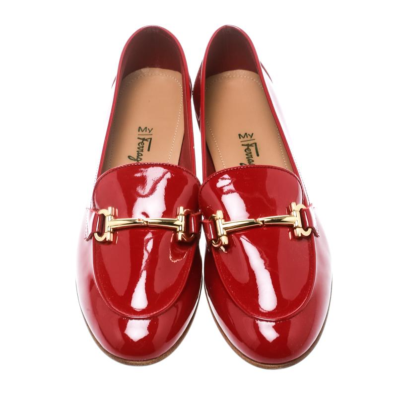 Ferragamo Red Patent Leather Funes Gancio Bit Loafers Size 40.5 - Lyst