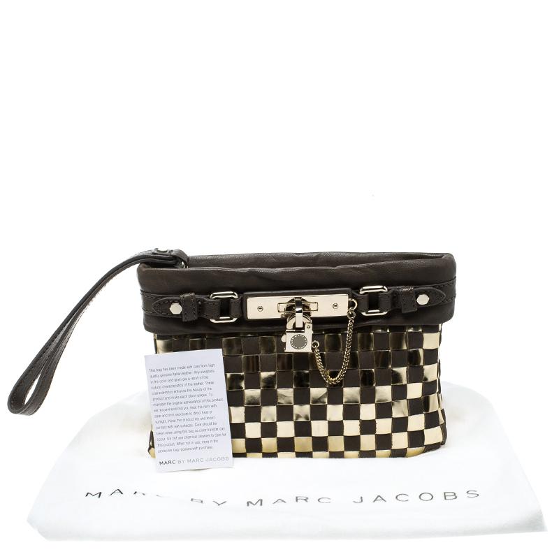 Marc By Marc Jacobs /gold Check Leather Wristlet Clutch in Brown ...
