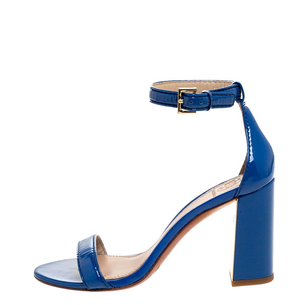 Tory Burch Blue Patent Leather Cecile Block Heel Ankle Strap Sandals ...