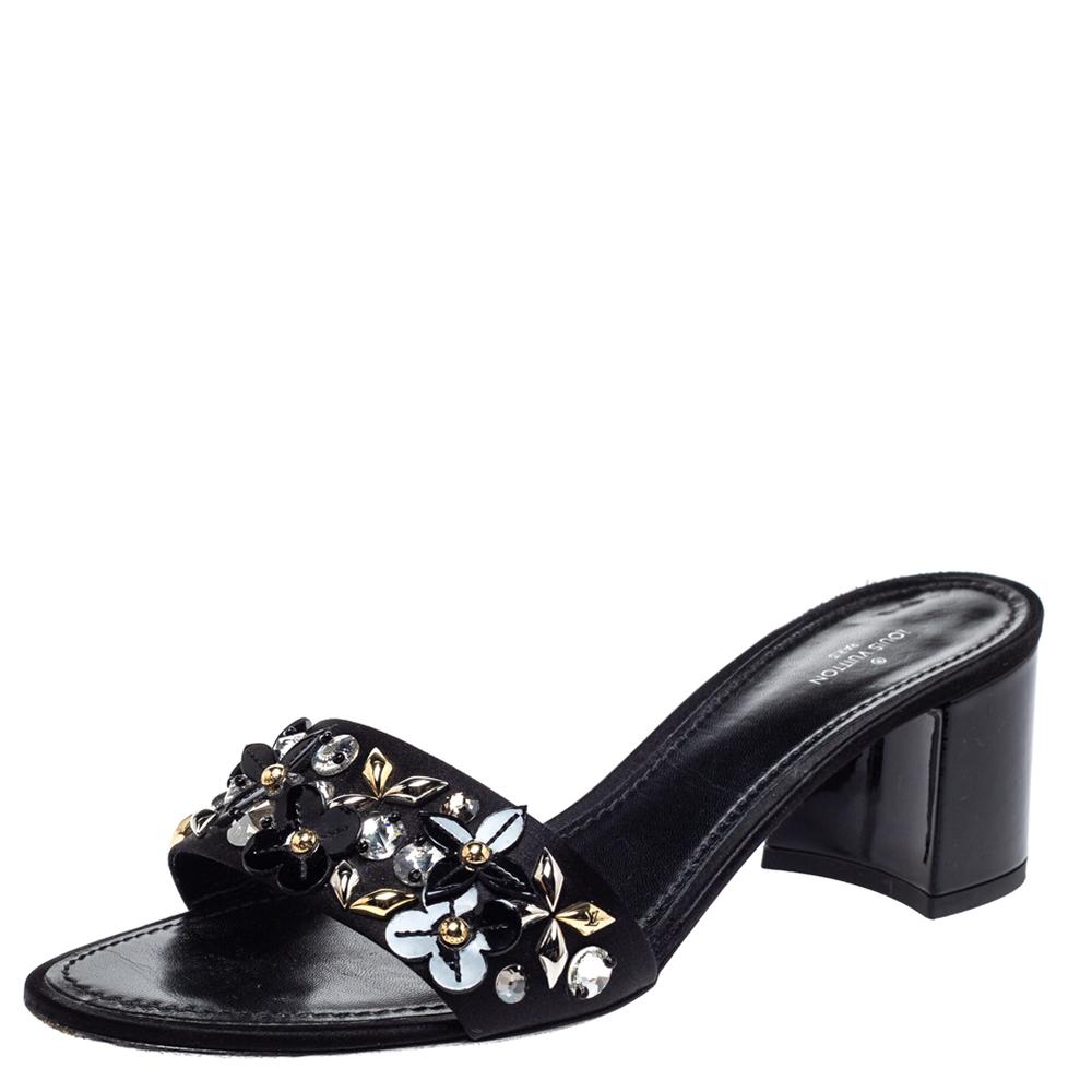Louis Vuitton Black Satin Applique Embellished Block Heel Slide Sandals Size 39.5 - Lyst