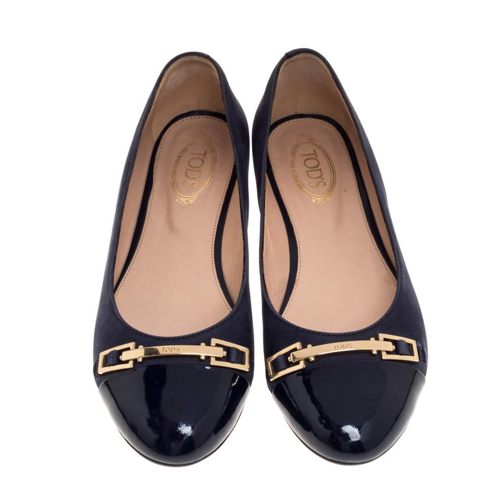 Tod's Navy Blue Suede And Patent Leather Cap Toe Buckle Ballet Flats ...