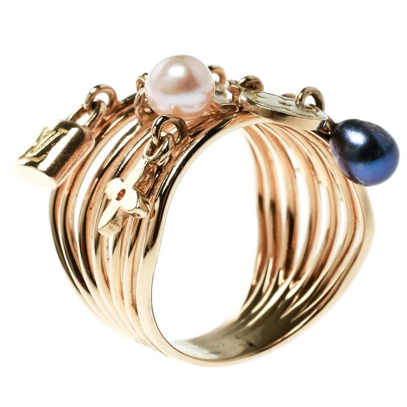 Lyst - Louis Vuitton Cultured Pearl & Monogram Charm 18k Yellow Gold Cocktail Ring Size 54 in ...
