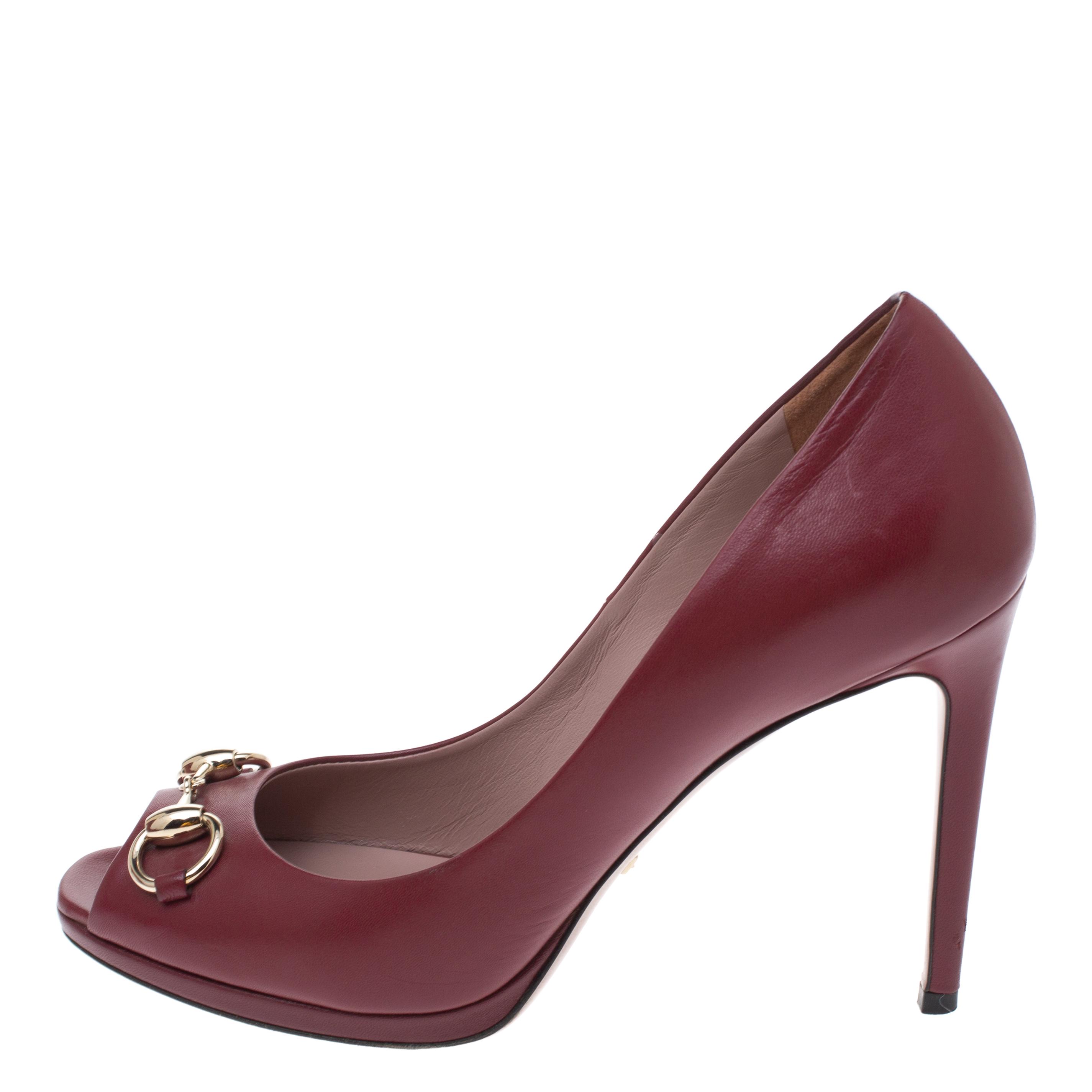 Gucci Burgundy Leather New Hollywood Horsebit Peep Toe Pumps Lyst