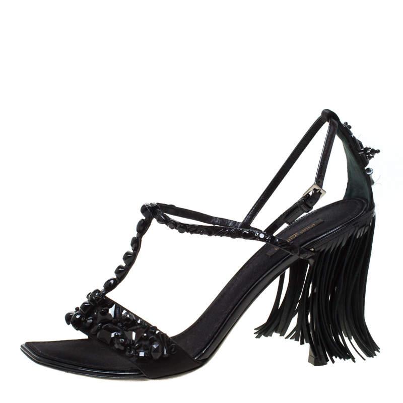 Louis Vuitton Black Satin Embellished Fringe Ankle Strap Sandals Size 40 - Lyst