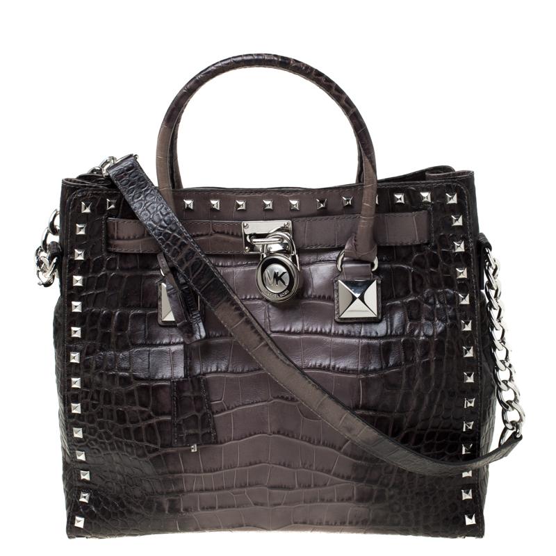 michael kors large hamilton grey charcoal animal embossed leather tote