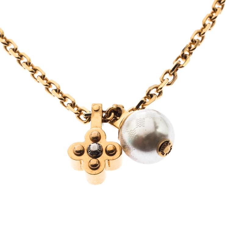 Louis Vuitton Damier Monogram Faux Pearl Gold Tone Chain Link Charm Necklace in Metallic - Lyst