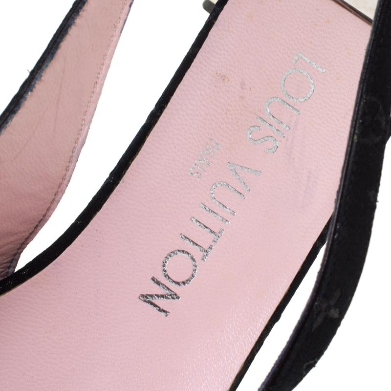 Louis Vuitton Leather Black Monogram Fabric Metal Block Heel Slingback Sandals Size 37.5 - Lyst