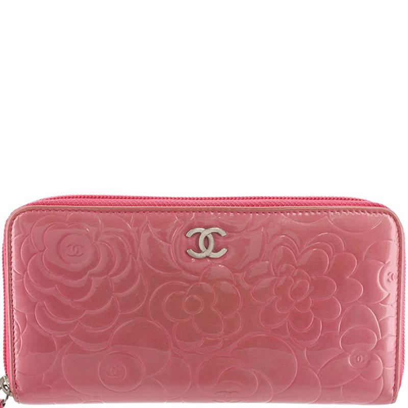 Chanel Pink Camellia Embossed Patent Leather Zip Around Wallet - Lyst