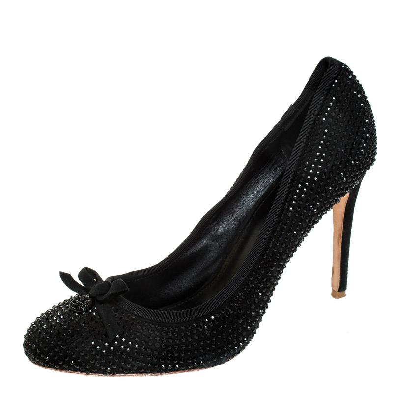 Tory Burch Black Suede Crystal Embellished Bow Round Toe Pumps Size 41 ...