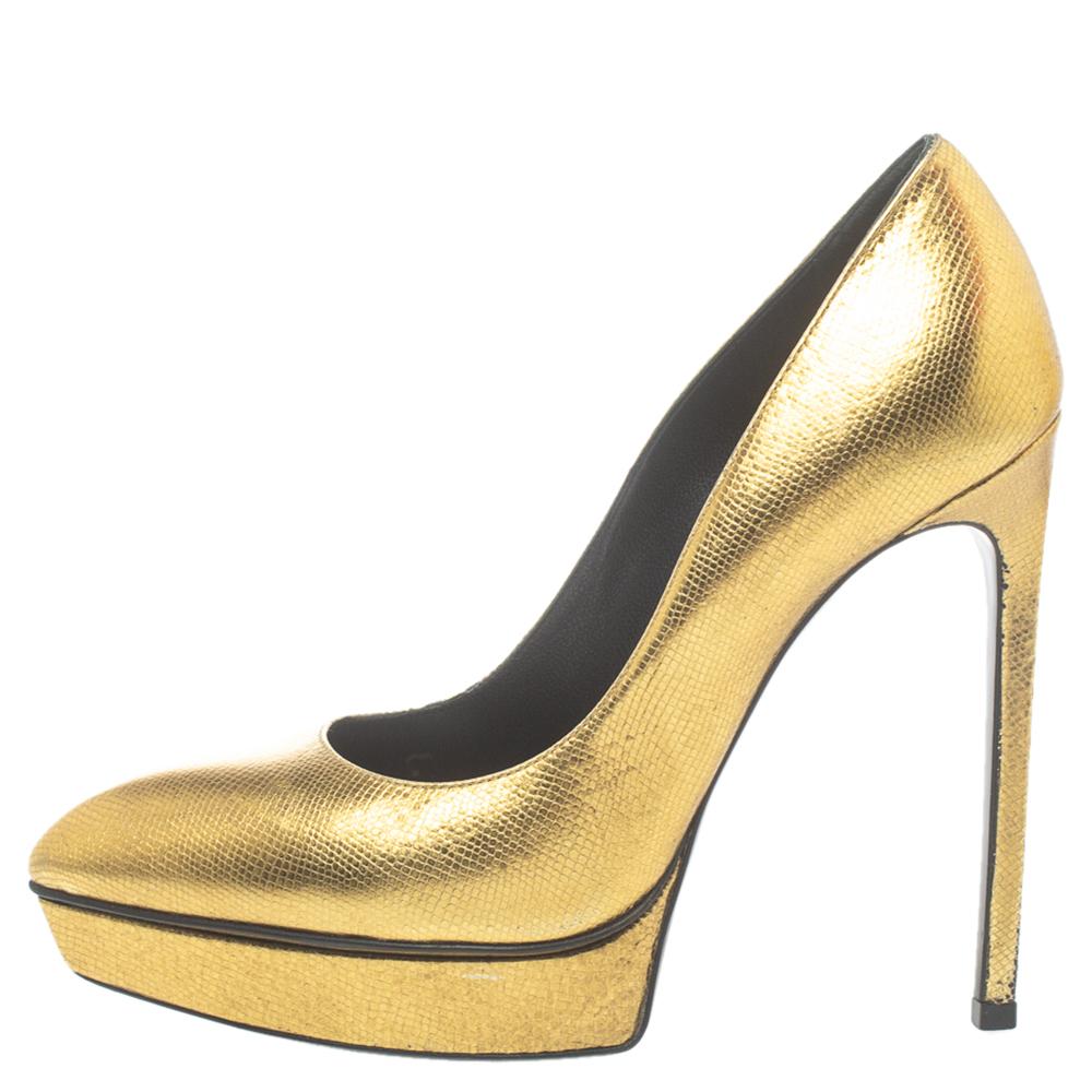 Saint Laurent Metallic Gold Leather Janis Pointed Toe Platform Pumps - Lyst
