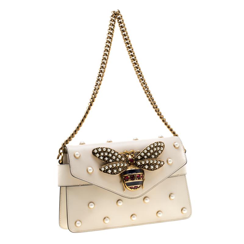 Gucci Off White Leather Broadway Pearly Bee Shoulder Bag - Lyst