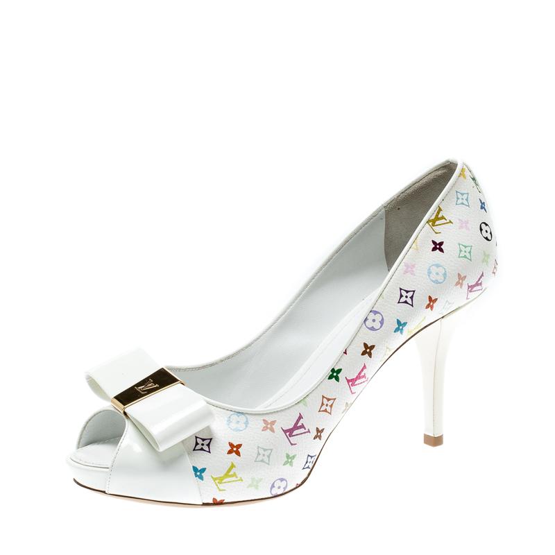 Louis Vuitton White Multicolor Monogram Canvas And Patent Leather Bow Peep Toe Pumps Size 38 in ...