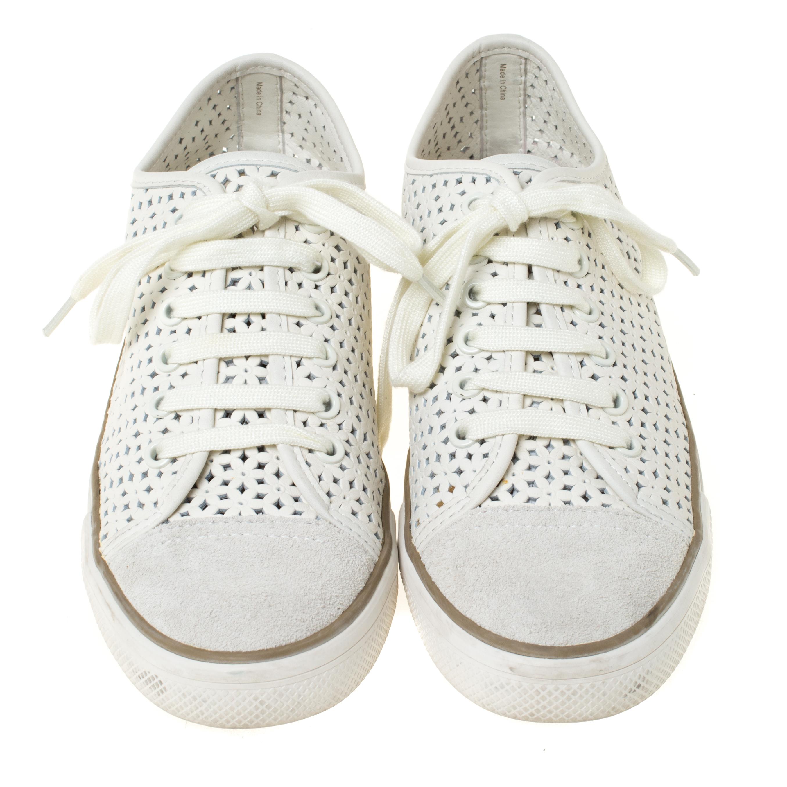Tory Burch White Perforated Leather Daisy Lace Up Sneakers Size 40 - Lyst