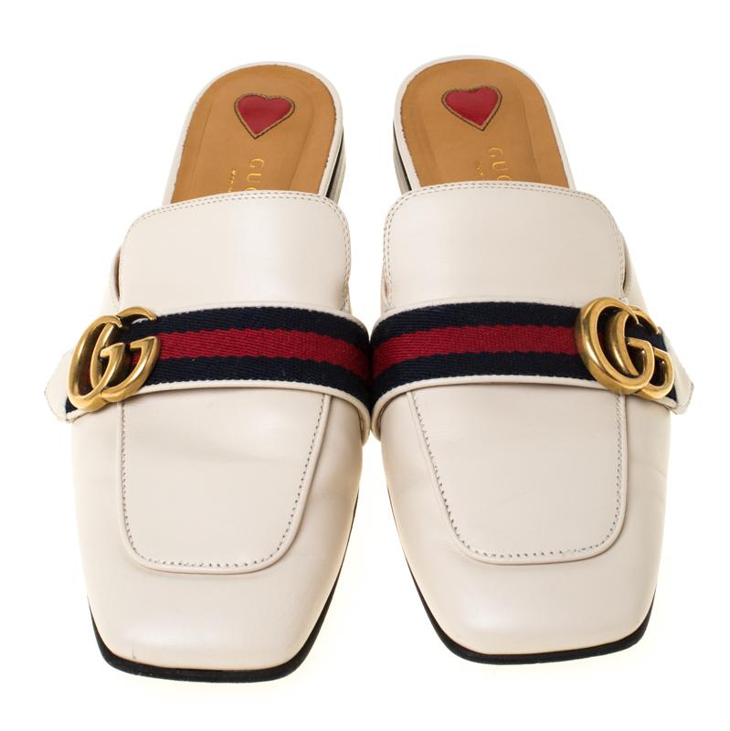 Gucci Off White GG Twins Web Leather Slide Mules Size 39.5 - Lyst