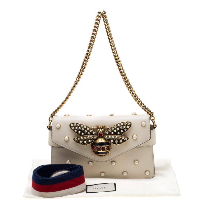 Gucci Off White Leather Broadway Pearly Bee Shoulder Bag - Lyst