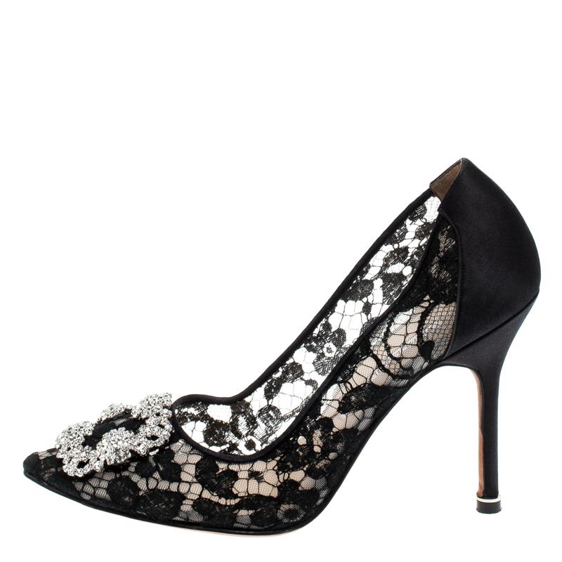 manolo blahnik hangisi 90 embellished lace mesh and satin pumps
